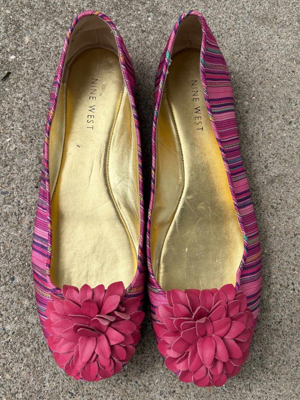 Nine West Pink Floral Applique Ballet Flats Leather Flower Bold Stripe Fabric